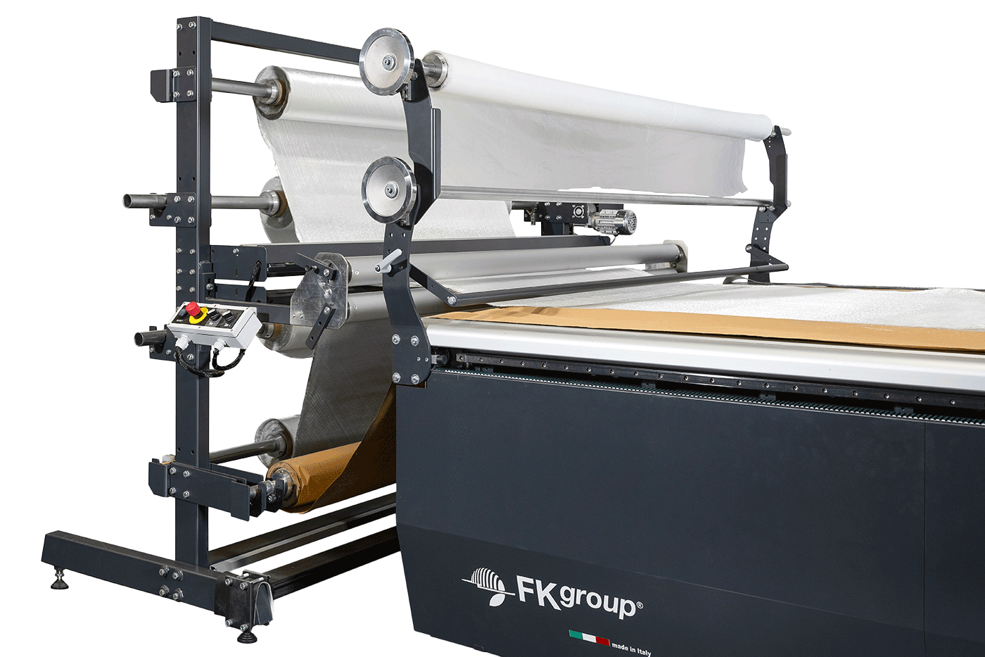FK Group Multi-Roll Feeder feeding fabric into a cutting line, supplied by Magnum India