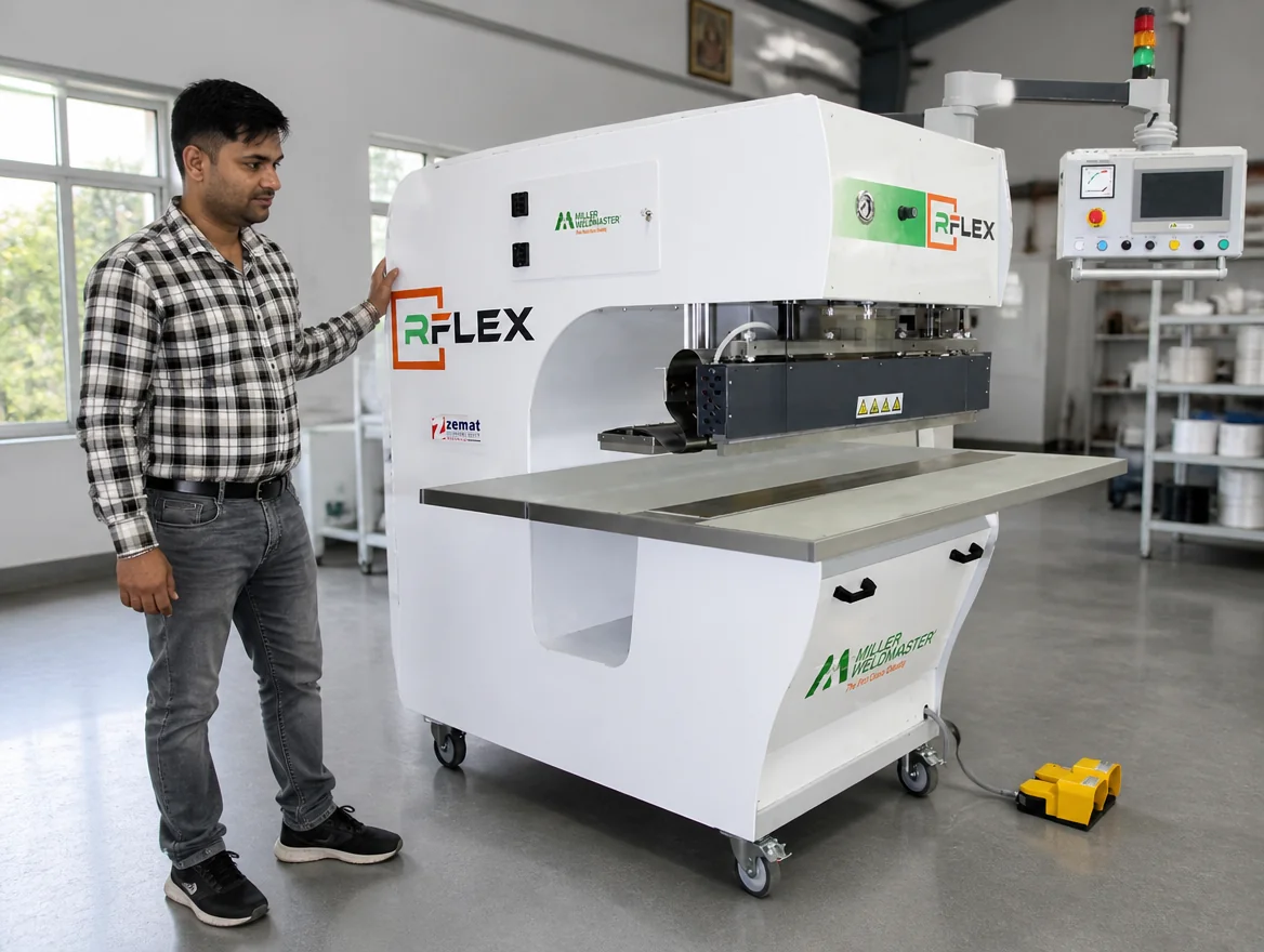 Magnum installation engineer setting up and calibrating an R-FLEX fabric welding machine at a customer site in India