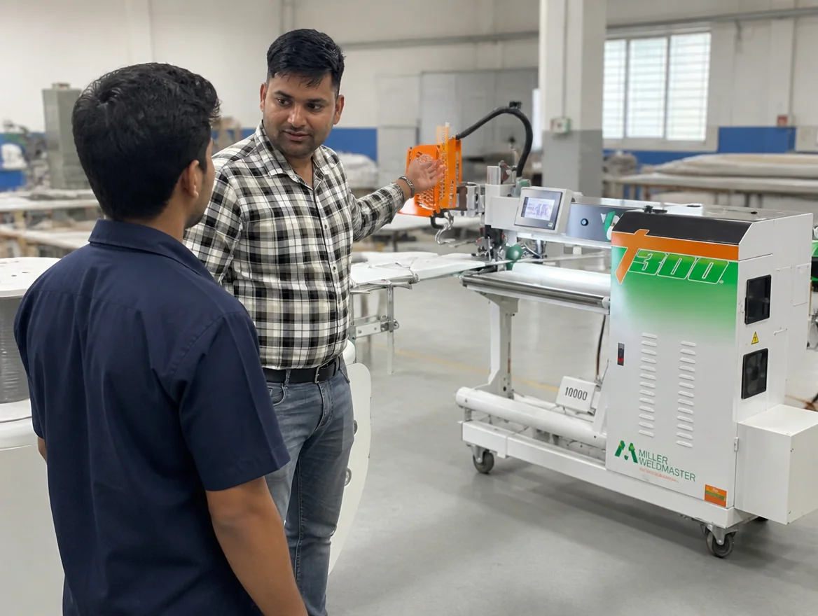 Magnum training specialist showing a machine operator how to run a Miller Weldmaster T300 fabric welder